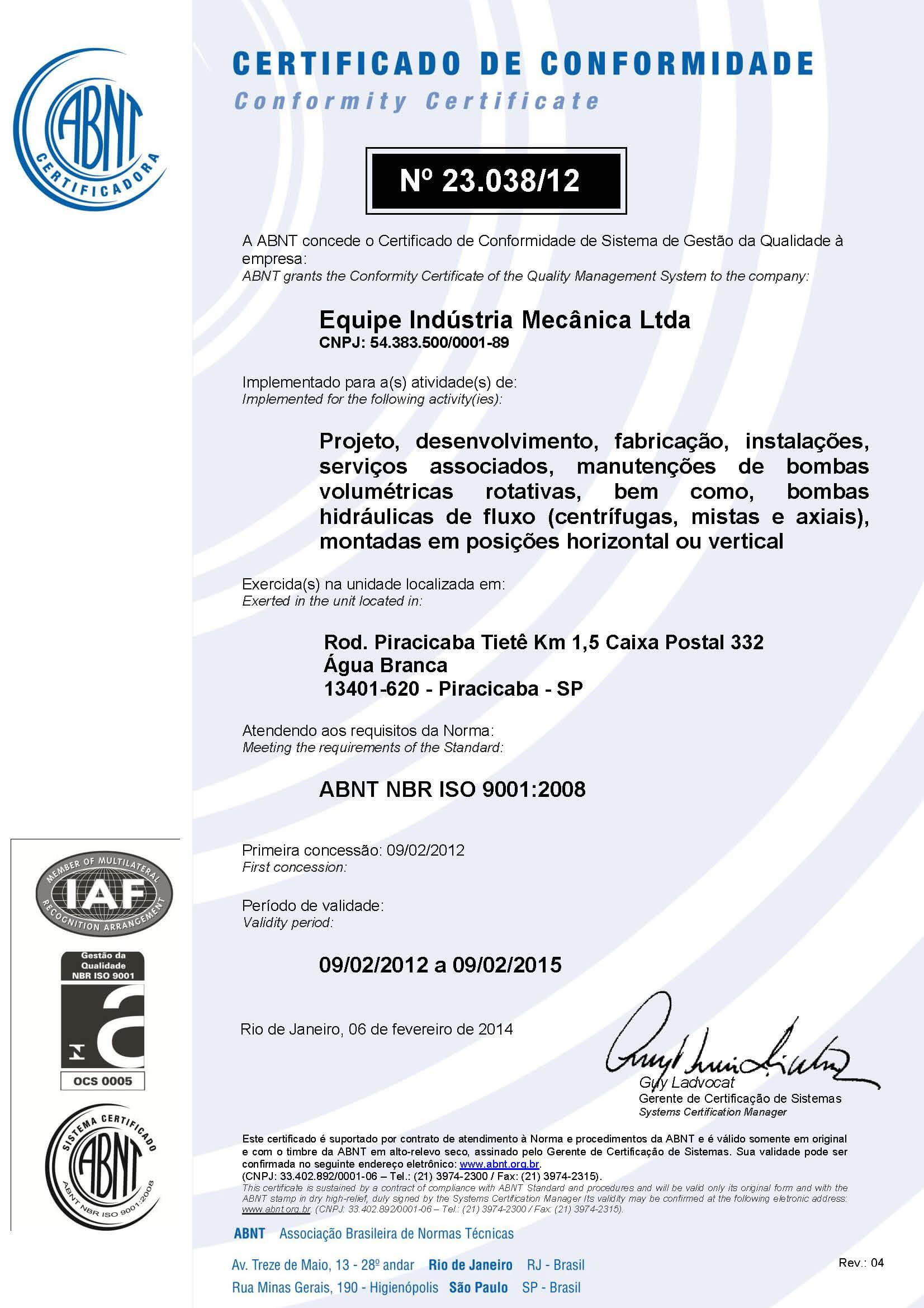 Certificado de Qualidade ISO 9001:2008